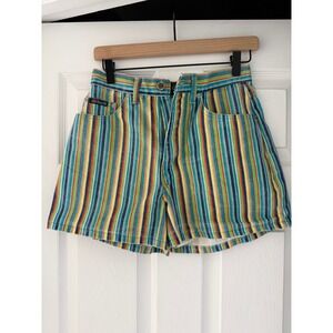 Vintage 90s Route 66 Colorful Striped Denim Shorts Boho Summer